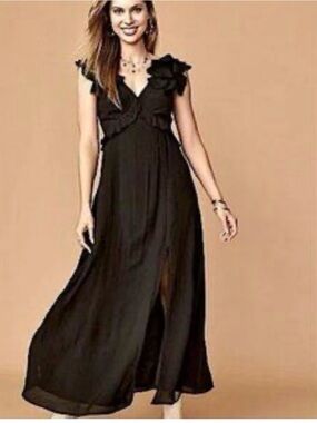 Blue Rain Black Ruffle V-Neck Maxi Dress